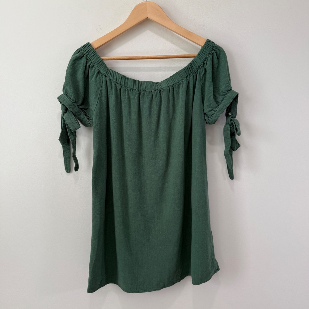 Lulus Al Fresco Evenings Off The Shoulder Mini Dress L Green Rayon Cotton Boho - Picture 9 of 10